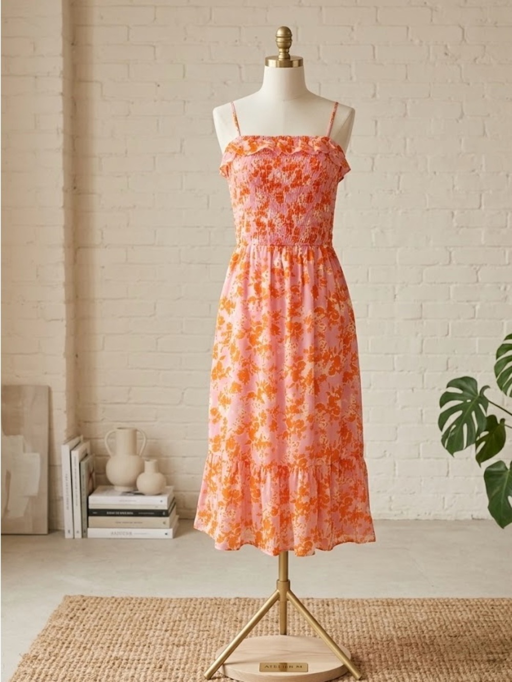 🌸 Sienna Sky Floral Smocked Summer Midi Dress - Pink & Orange - Size Small ☀️
